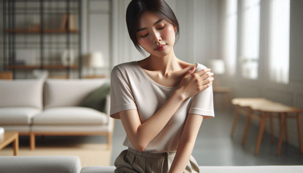 어깨 앞쪽 통증 원인과 치료 방법을 설명하는 실내 자세 장면