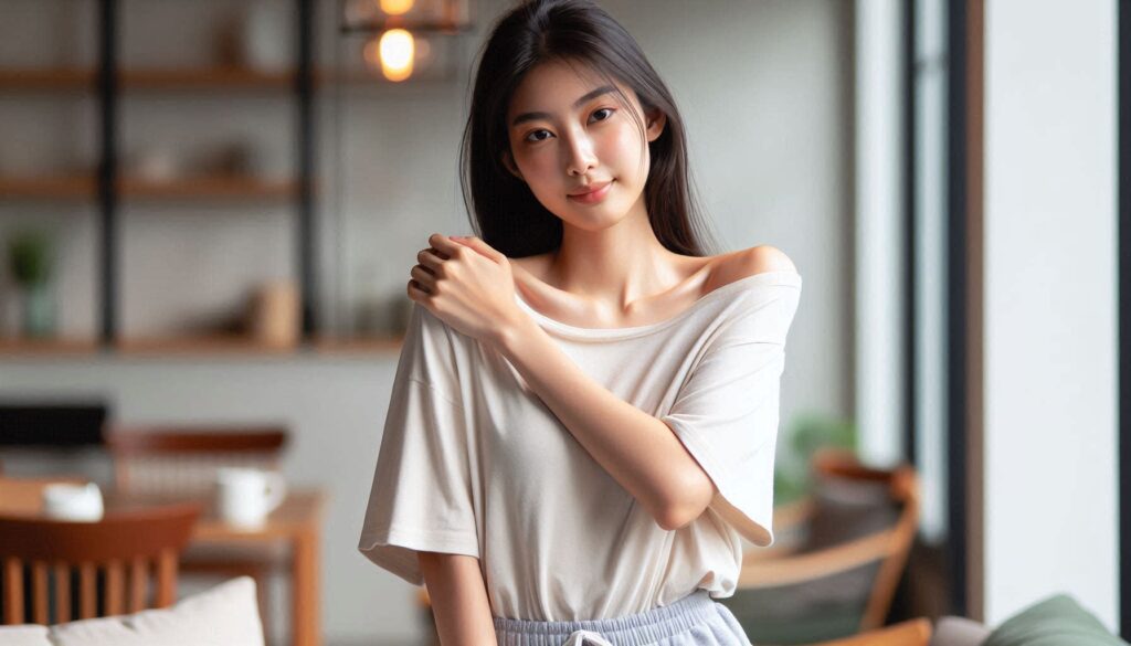 어깨 들어 올릴 때 통증 생기는 이유로 어깨를 잡고 있는 모습