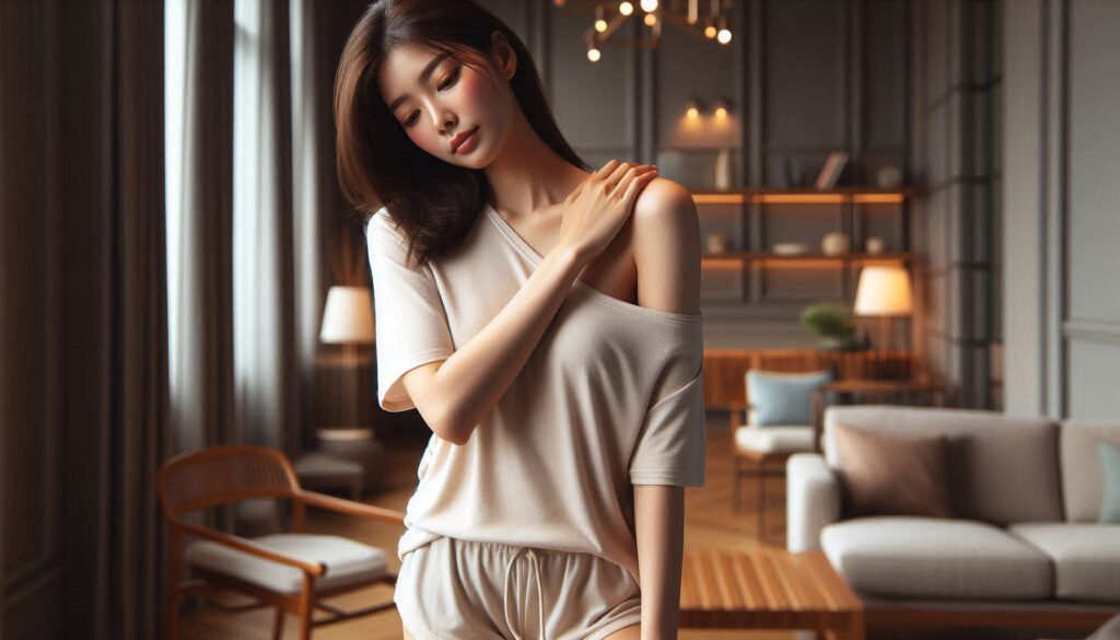 어깨 들어 올릴 때 통증 생기는 이유로 어깨를 잡고 있는 모습