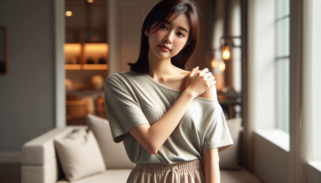 어깨 들어 올릴 때 통증 생기는 이유로 어깨를 잡고 있는 모습