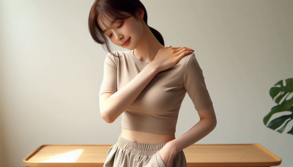 어깨 통증과 목 통증 관계를 설명하는 장면으로 목과 어깨를 잡고 있는 모습