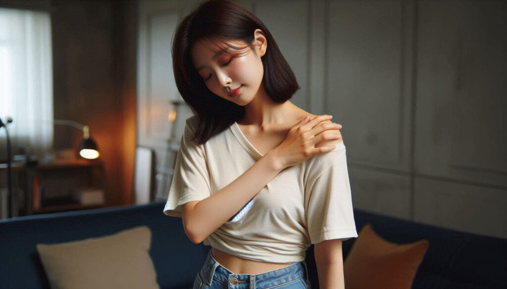 어깨 통증과 목 통증 관계를 설명하는 장면으로 목과 어깨를 잡고 있는 모습