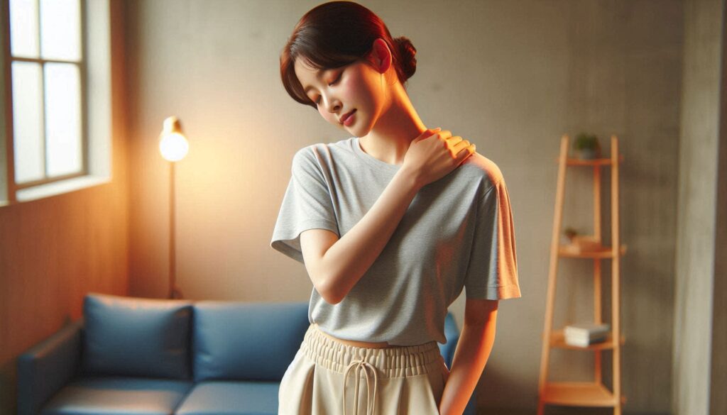 운동 후 어깨 통증 원인을 설명하는 장면으로 어깨를 잡고 있는 모습