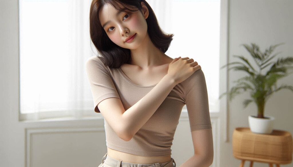어깨 통증 있을 때 찜질 방법을 설명하는 장면으로 찜질팩을 사용하는 모습