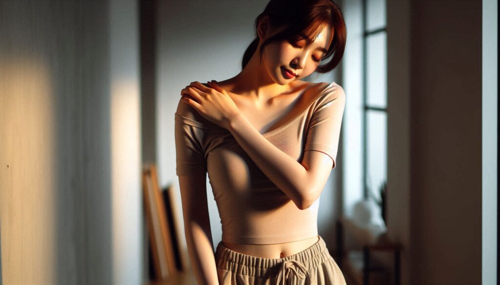 어깨 통증 있을 때 찜질 방법을 설명하는 장면으로 찜질팩을 사용하는 모습