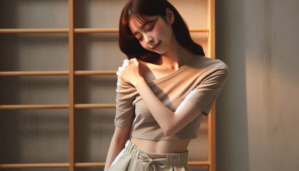 어깨 통증 있을 때 찜질 방법을 설명하는 장면으로 찜질팩을 사용하는 모습