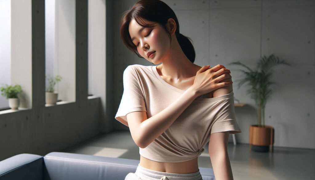 어깨 결림과 통증 차이를 설명하는 장면으로 스트레칭하는 모습