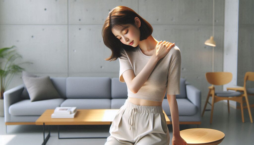 어깨 결림과 통증 차이를 설명하는 장면으로 스트레칭하는 모습