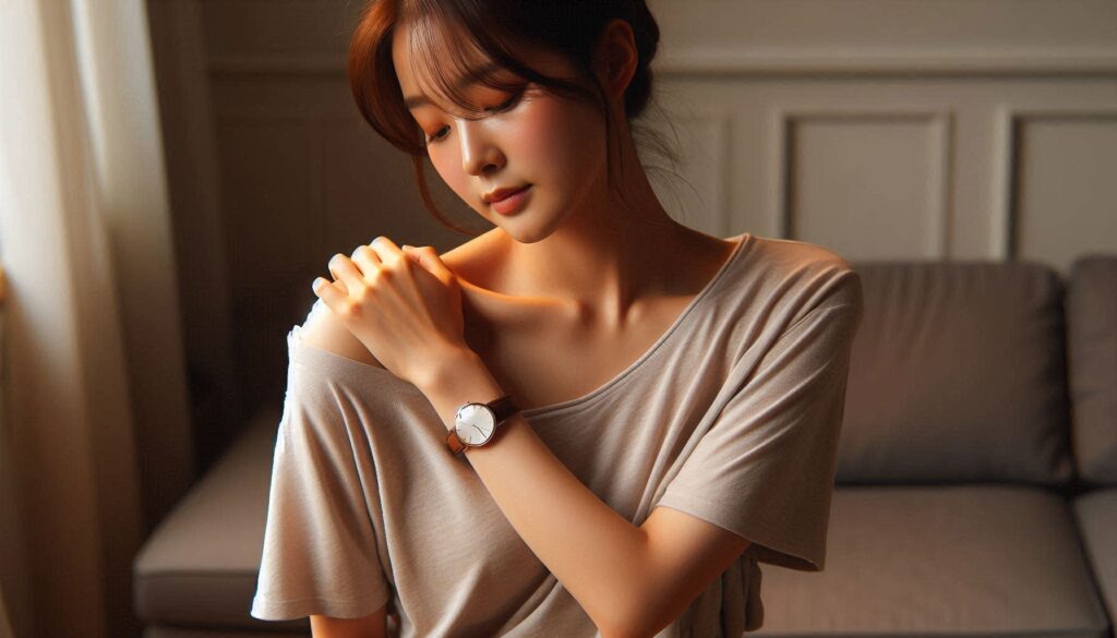 어깨 통증 심할 때 의심 질환을 설명하는 장면으로 어깨를 잡고 있는 모습