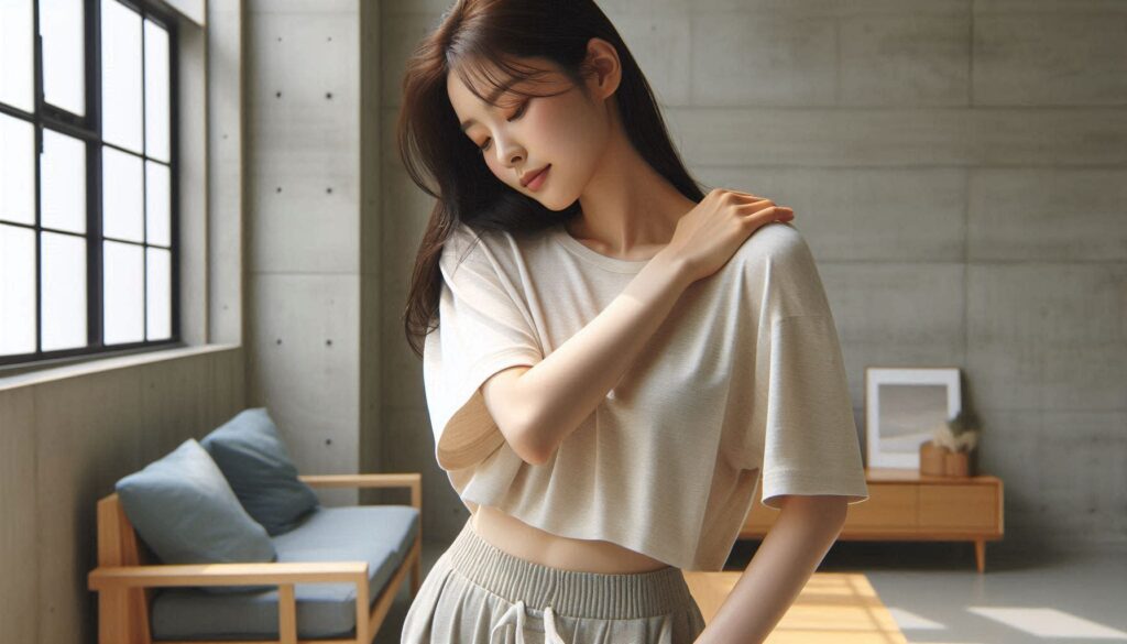 어깨 통증 심할 때 의심 질환을 설명하는 장면으로 어깨를 잡고 있는 모습