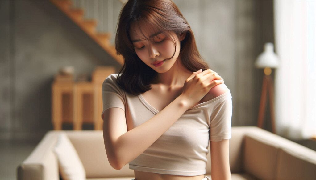 어깨 통증 지속되면 병원 가야 할 시기를 알아야한다고 생각하고 어깨를 잡고 있는 모습