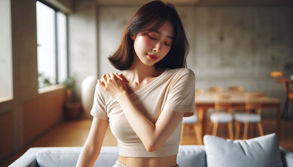 어깨 통증 완화 마사지 방법을 실천하는 장면으로 어깨를 마사지하는 모습