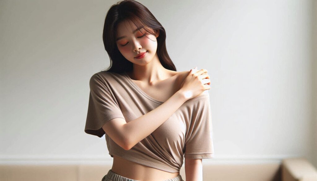 어깨 통증 완화 마사지 방법을 실천하는 장면으로 어깨를 마사지하는 모습