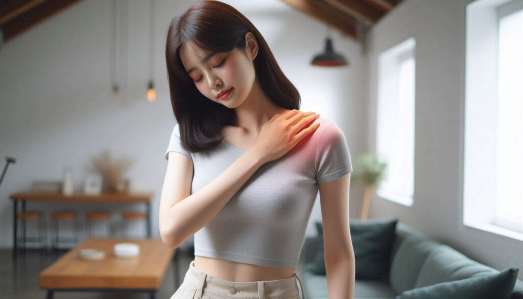 어깨 통증 예방 운동 5가지를 실천하는 장면으로 스트레칭하는 모습