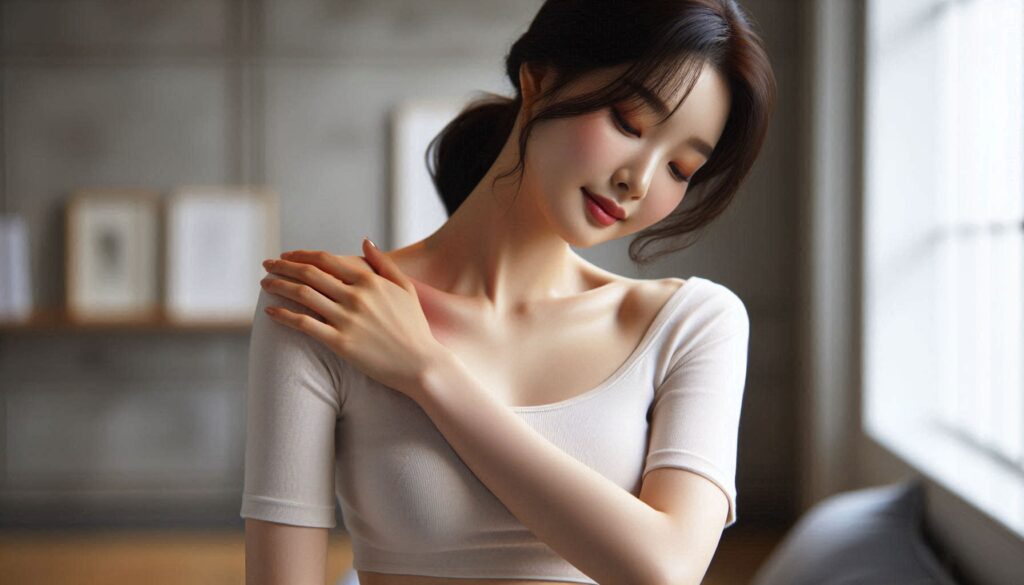 어깨 통증 예방 운동 5가지를 실천하는 장면으로 스트레칭하는 모습