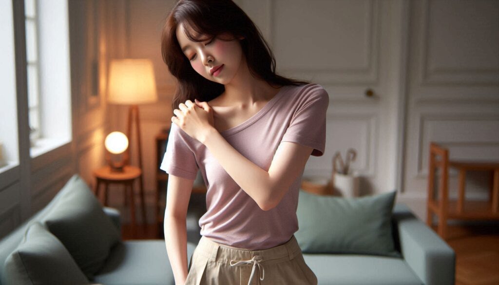 어깨 통증 예방 운동 5가지를 실천하는 장면으로 스트레칭하는 모습