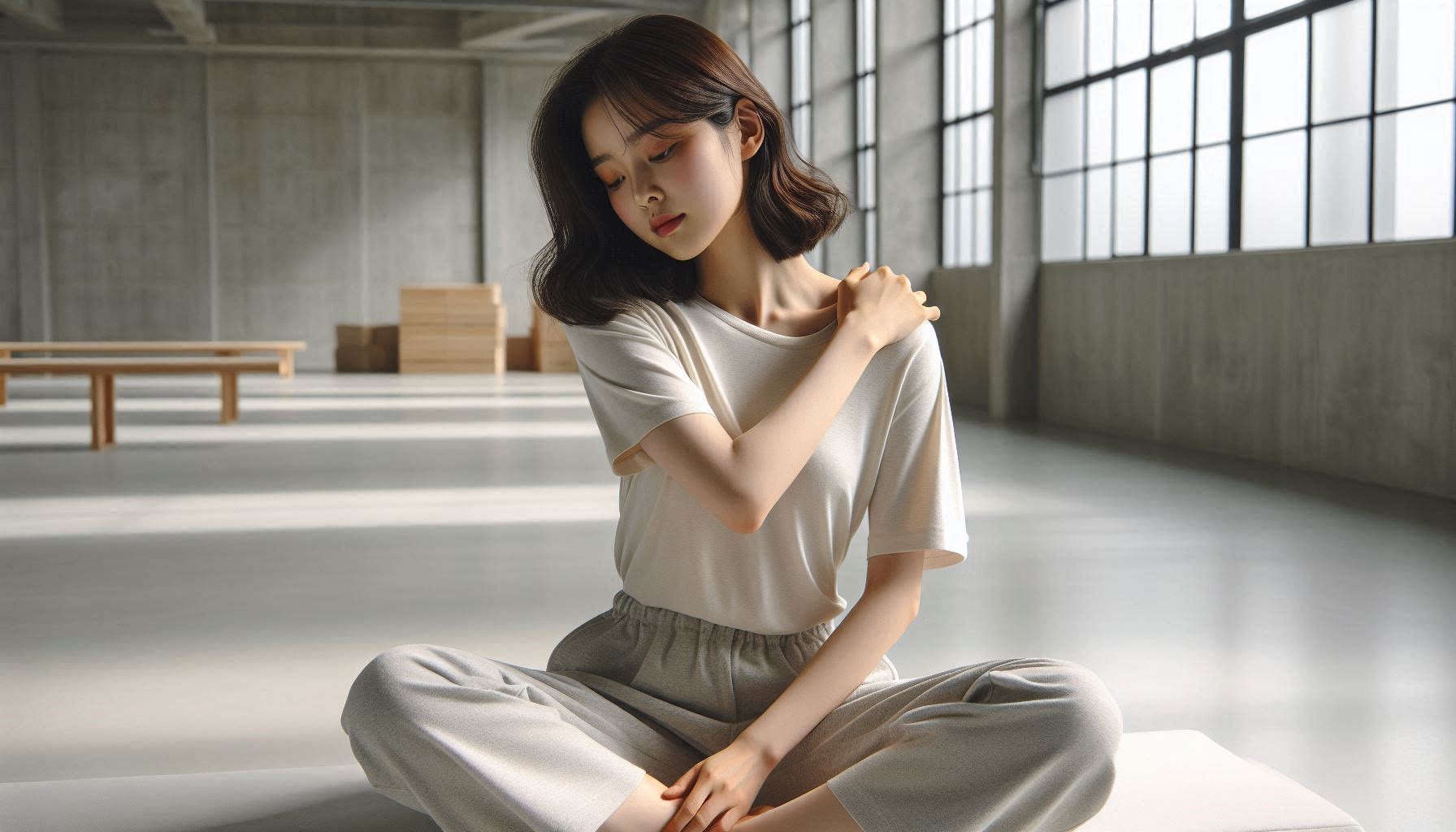 어깨 통증으로 어깨를 짚으며 통증을 느끼는 모습