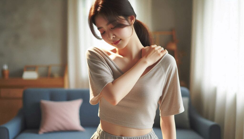 어깨 통증과 회전근개 파열 증상을 설명하는 장면으로 어깨를 잡고 있는 모습