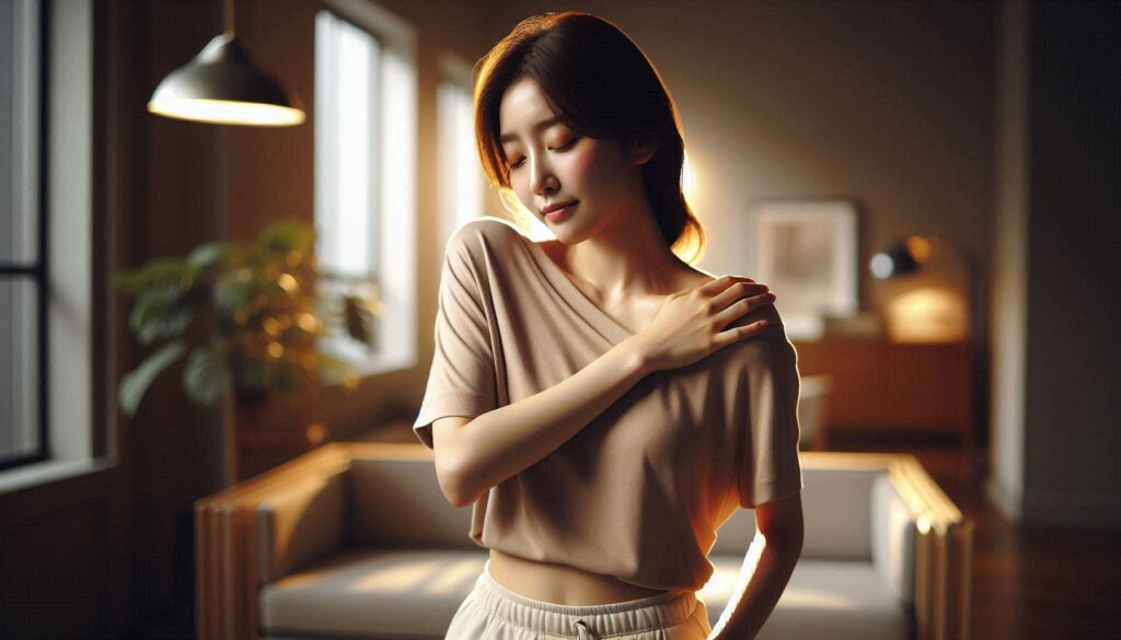 어깨 통증과 회전근개 파열 증상을 설명하는 장면으로 어깨를 잡고 있는 모습