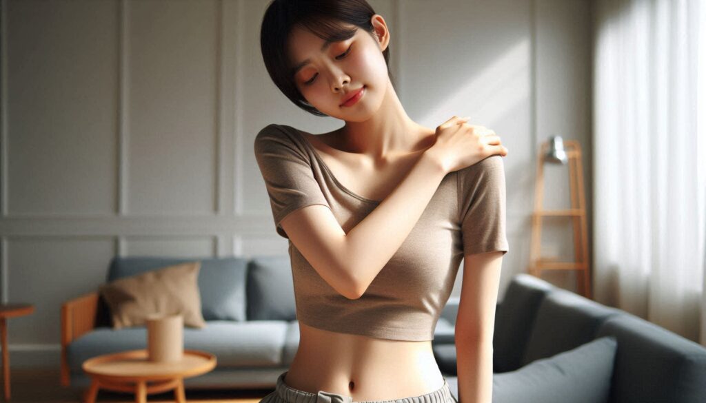 어깨 통증과 회전근개 파열 증상을 설명하는 장면으로 어깨를 잡고 있는 모습