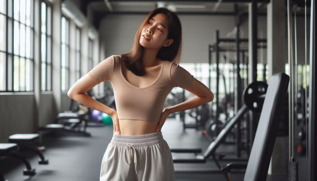 운동 후 허리 통증을 느끼며 허리를 잡고 있는 여성