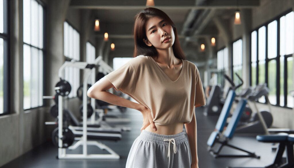 운동 후 허리 통증을 느끼며 허리를 잡고 있는 여성