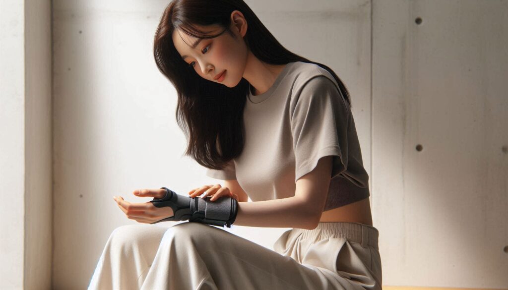 여성이 자신의 팔에 보호대를 착용하는 모습