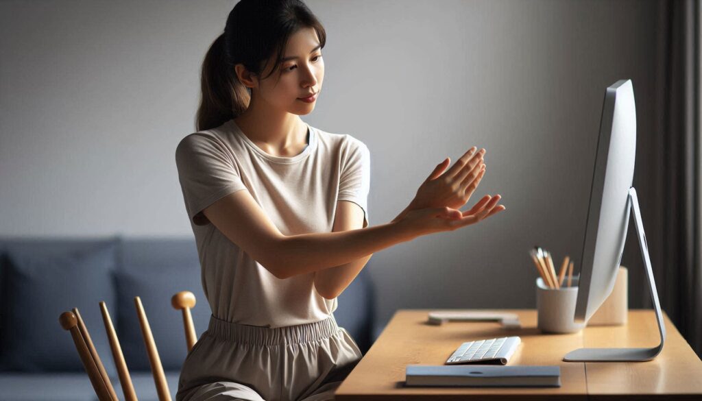 손목 통증 예방 운동을 실천하는 여성의 자연스러운 모습