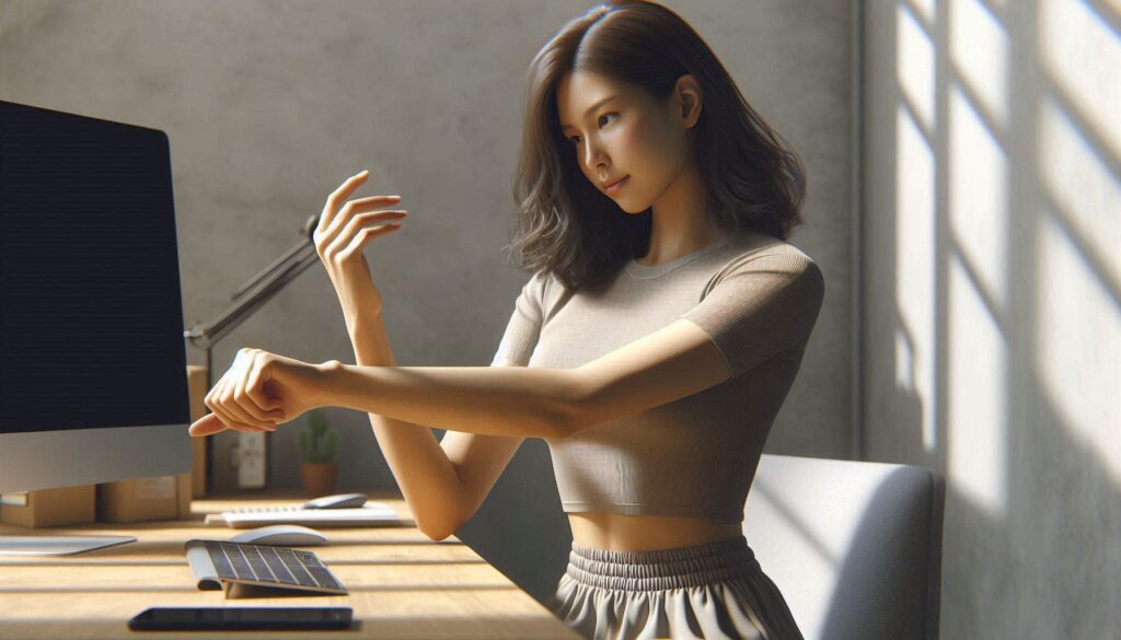 손목 통증 예방 운동을 실천하는 여성의 자연스러운 모습