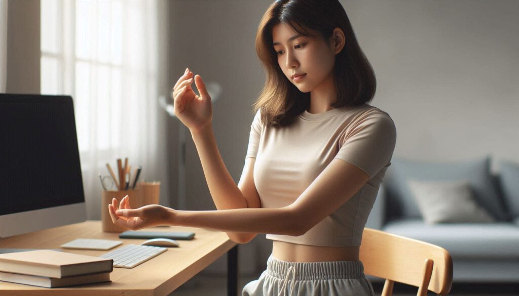 손목 통증 예방 운동을 실천하는 여성의 자연스러운 모습