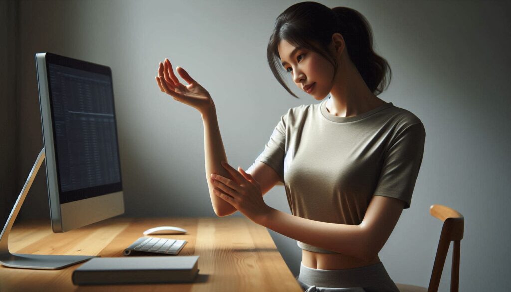 손목 통증 예방 운동을 실천하는 여성의 자연스러운 모습