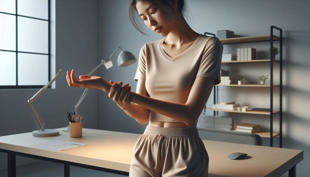 손목 통증 있을 때 스트레칭을 하는 장면