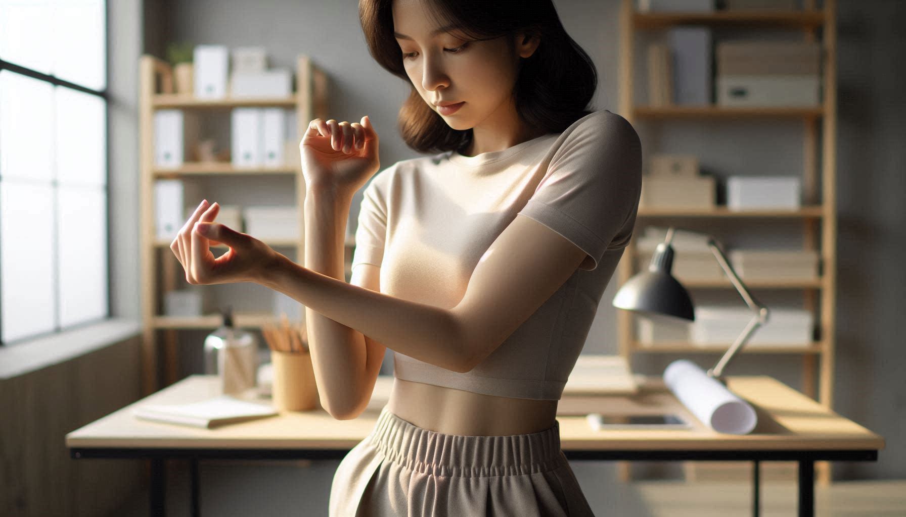 손목 통증 있을 때 스트레칭으로 손목을 부드럽게 늘리며 통증을 완화하는 모습