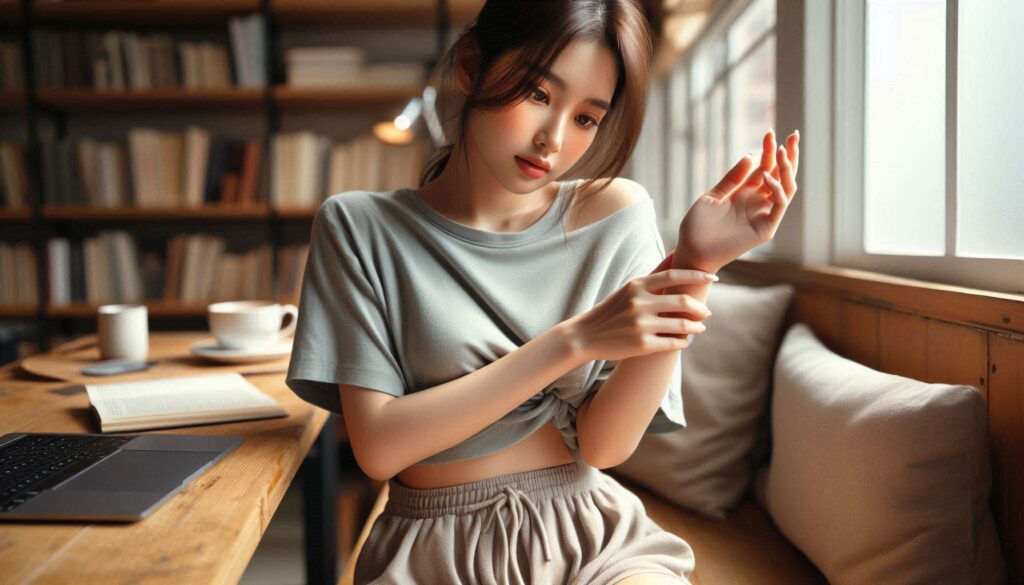 손목 돌릴 때 통증 생기는 이유로 손목을 잡고 있는 모습