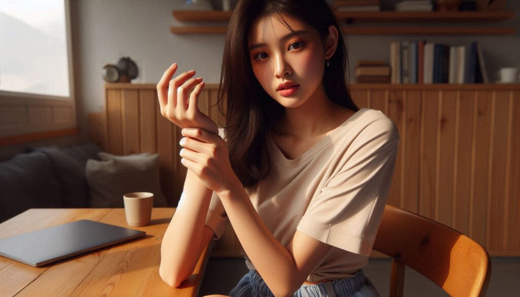 손목 돌릴 때 통증 생기는 이유로 손목을 잡고 있는 모습