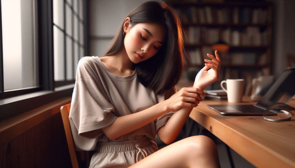 손목 돌릴 때 통증 생기는 이유로 손목을 잡고 있는 모습