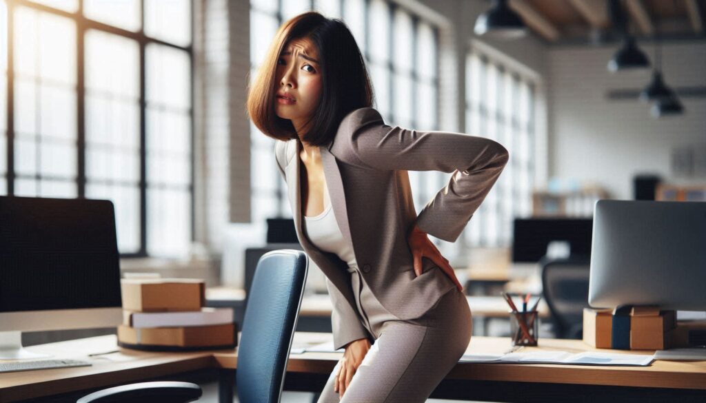 동양인 여성 직장인이 의자에서 일어나며 허리에서 다리까지 통증이 이어지는 느낌의 모습