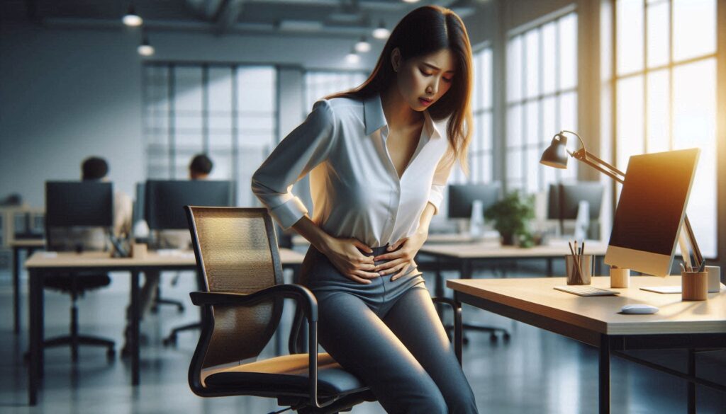 동양인 여성 직장인이 의자에서 일어나며 허리에서 다리까지 통증이 이어지는 느낌의 모습