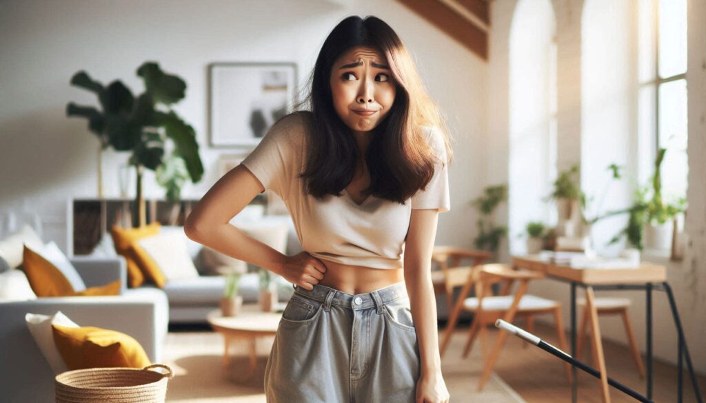 동양인 여성이 집에서 물건을 들다가 허리를 삐끗하고 순간적으로 멈추며 허리를 잡는 장면