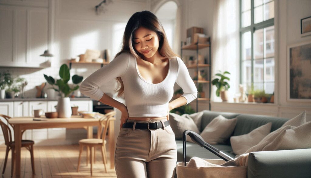 동양인 여성이 집에서 물건을 들다가 허리를 삐끗하고 순간적으로 멈추며 허리를 잡는 장면