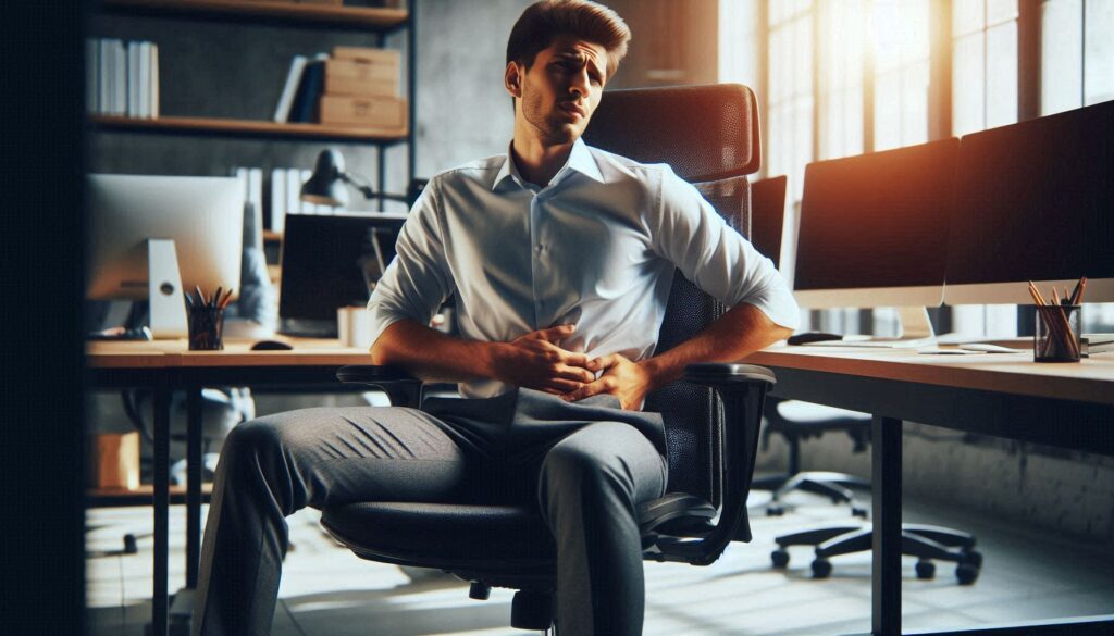사무실 의자에 앉아 허리 한쪽을 잡고 통증을 느끼는 직장인의 모습