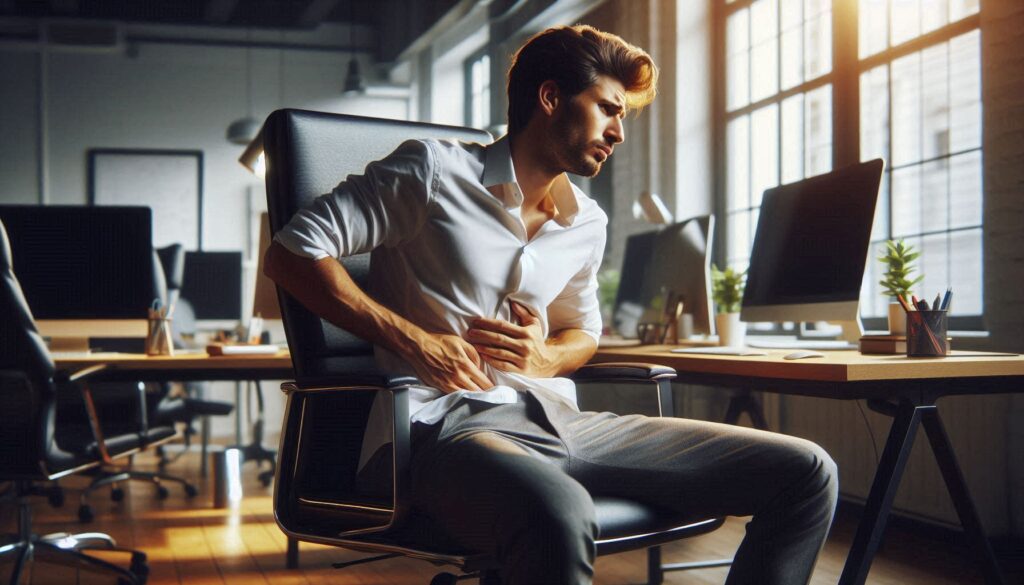 사무실 의자에 앉아 허리 한쪽을 잡고 통증을 느끼는 직장인의 모습