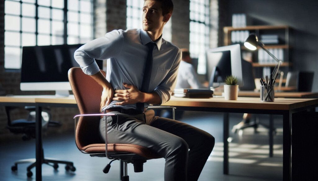 사무실 의자에 앉아 허리 한쪽을 잡고 통증을 느끼는 직장인의 모습