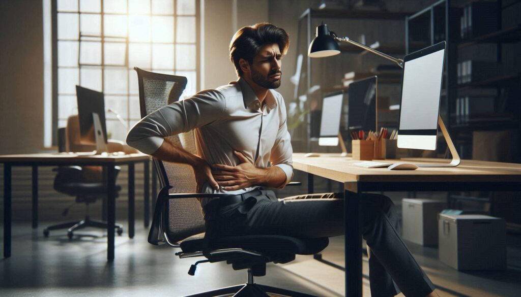 사무실 의자에 앉아 허리 한쪽을 잡고 통증을 느끼는 직장인의 모습