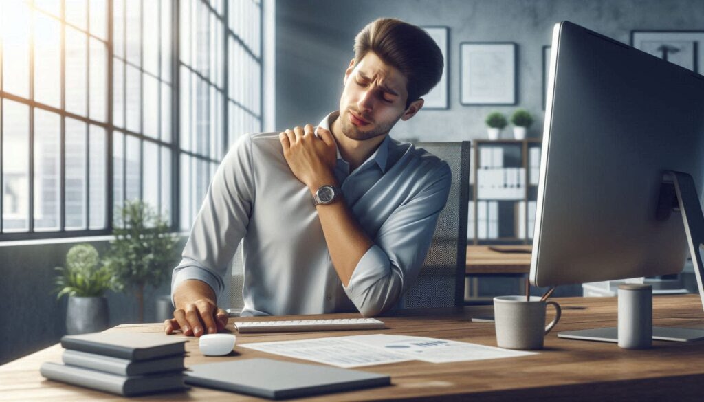 사무실 의자에 오래 앉아 있다가 허리를 잡고 통증을 느끼는 직장인의 모습