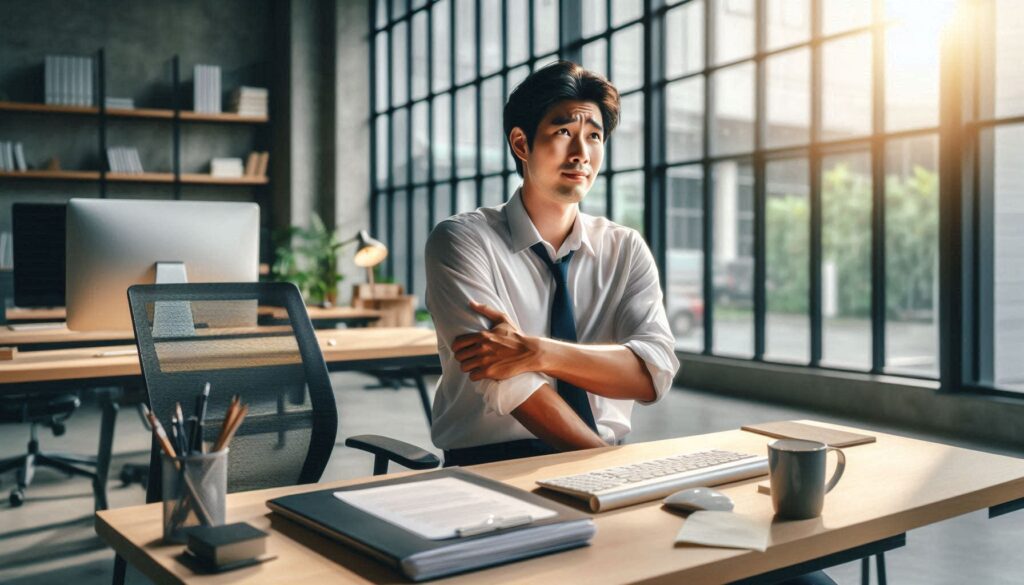 사무실 의자에 오래 앉아 있다가 허리를 잡고 통증을 느끼는 직장인의 모습