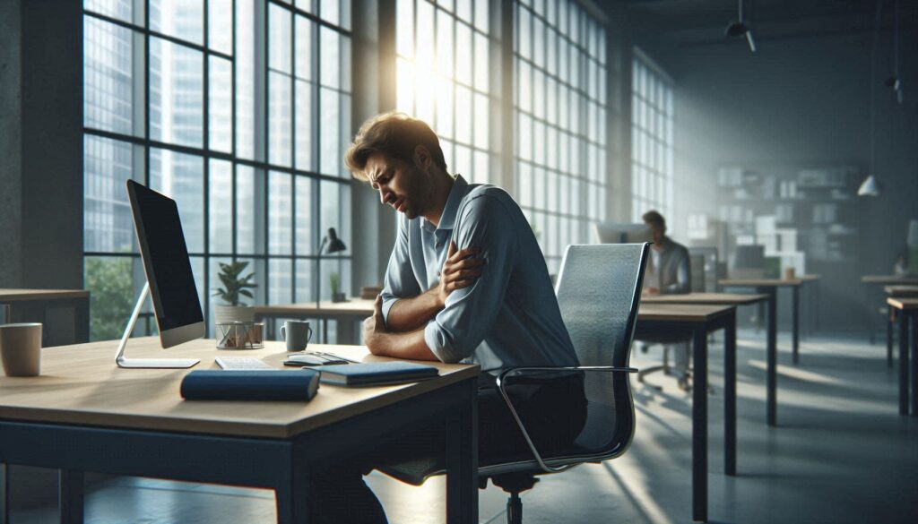 사무실 의자에 오래 앉아 있다가 허리를 잡고 통증을 느끼는 직장인의 모습