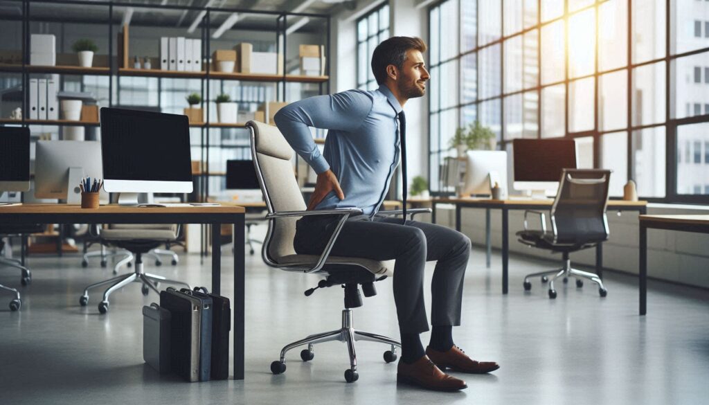 사무실 의자에서 일어나며 허리를 잡고 통증을 느끼는 30대 직장인