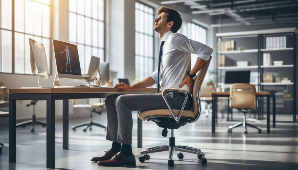 사무실 의자에서 일어나며 허리를 잡고 통증을 느끼는 30대 직장인