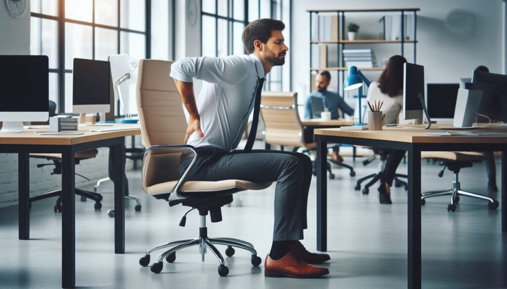 사무실 의자에서 일어나며 허리를 잡고 통증을 느끼는 30대 직장인